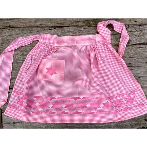 Vintage 1950s Half Apron Pink Gingham Check Smocked Stars Farmhouse - Picture 11 of 16